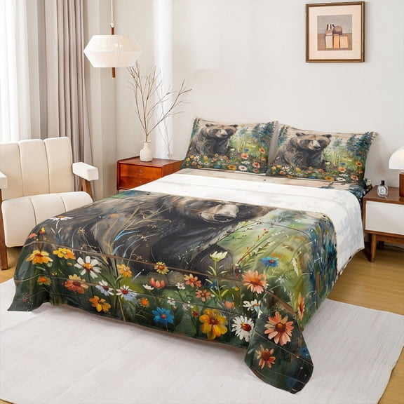 Feelyou Woodland Bear Teen Bed Sheets, Groovy Daisy Flower King Sheets, 4pcs