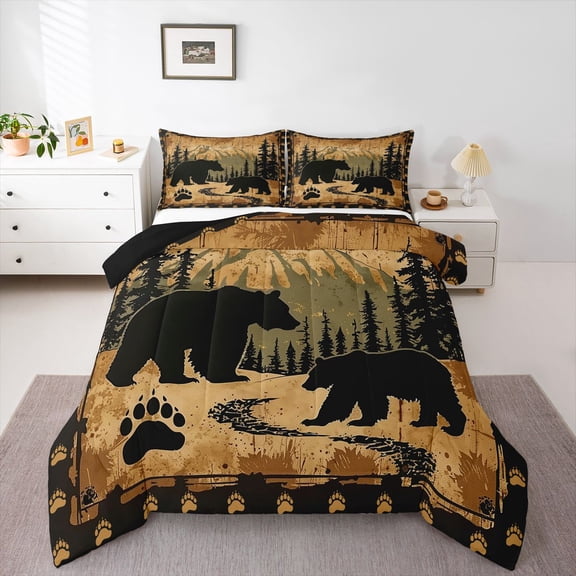 Feelyou Woodland Bear Teen Twin Comforter Sets, Jungle Pine Tree Bedding Set, 2 Pieces