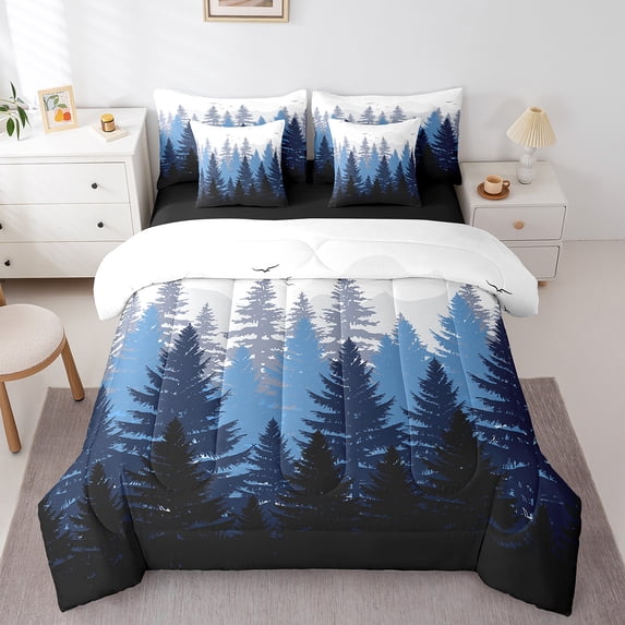 Feelyou Woodland Botanical Bedding Comforter Set 7 Pieces for Adult, Blue Tree Plant Full Bedding Set, Rustic Farmhouse Reversible Fitted Sheet Flat Sheet, Luxury Bedroom Decor