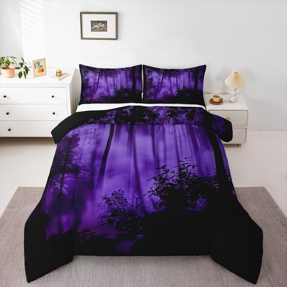 Feelyou Woodland Botanical Full Size Comforter Sets for Adult, Purple Tree Plant Bedding Comforter Set, Rustic Farmhouse Reversible Bedding Sets, Luxury Bedroom Decor, 3pcs