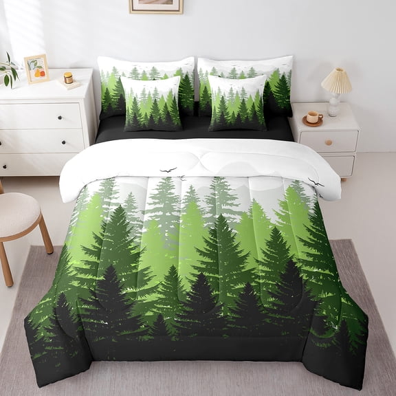 Feelyou Woodland Botanical Twin Bedding Sets 7-Piece for Adult, Green Tree Plant Bedding Comforter Set, Rustic Farmhouse Reversible Sheet Sets, Microfiber Bedroom Decor