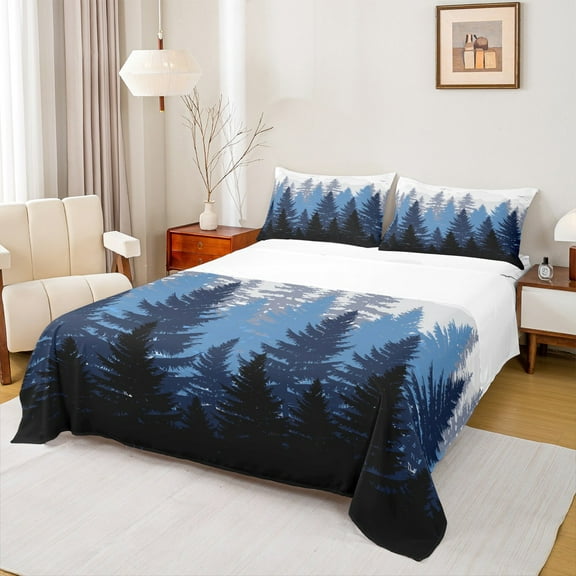 Feelyou Woodland Botanical Twin Sheet Sets for Adult, Blue Tree Plant Twin Fitted Sheet, Rustic Farmhouse Flat Sheet, Luxury Bedroom Decor, 3pcs