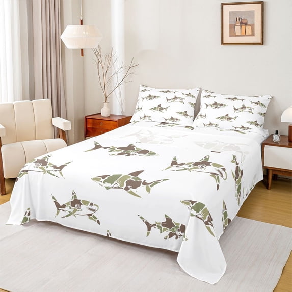 Feelyou Woodland Camo Shark Queen Sheet Sets for Men Boys, Green Brown Camouflage Bed Set, 4 Pieces