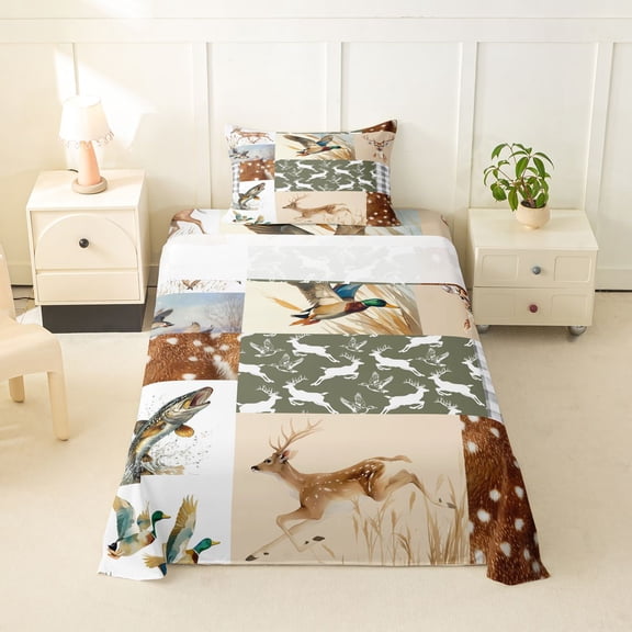 Feelyou Woodland Hunting Wildlife Twin Sheet Sets for Men Boys, Rustic Camo Animal Patchwork Bedding, Green Brown, 3 Pieces