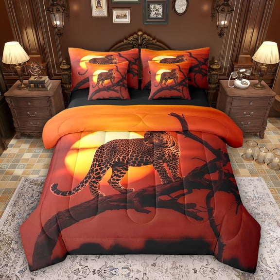 Feelyou Woodland Leopard Bedding Comforter Set 7pcs, Orange Sunset King Bedding Sets
