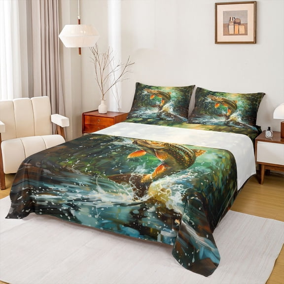 Feelyou Woodland Spotted Pike Fishing Full Size Sheets for Boys Girls, Splash Rustic Animal Bed Sheets, Green, 4pcs