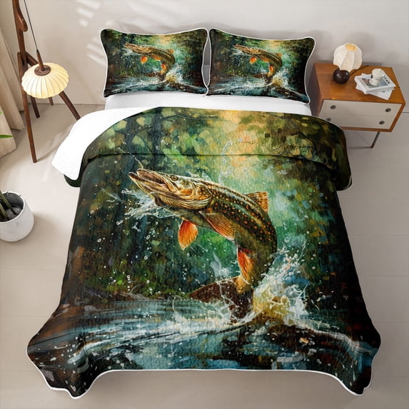 Feelyou Woodland Spotted Pike Fishing Quilt King for Boys Girls, Splash Rustic Animal King Coverlet Set, Green, 3pcs