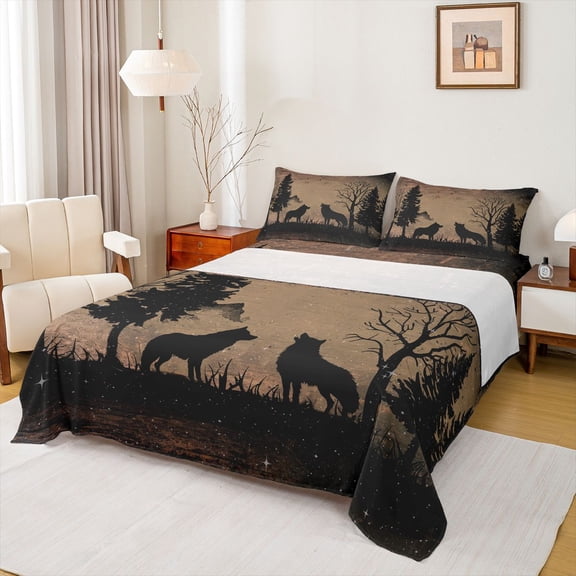 Feelyou Woodland Wolf Animal Bed Sheets, Tribal Western Rustic King Sheets, Farmhouse Wildlife Sheet Set, Breathable Home Decor, 4 Pieces