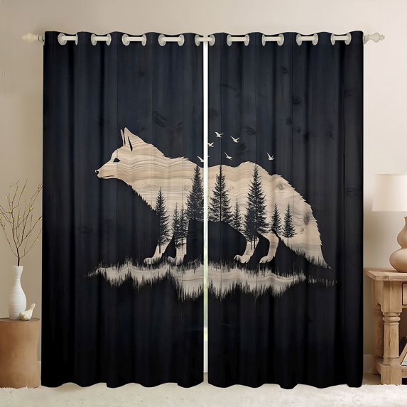 Feelyou Woodland Wolf Black Out Curtains, Jungle Pine Tree Curtains Pack of 2 (42x63 Each)