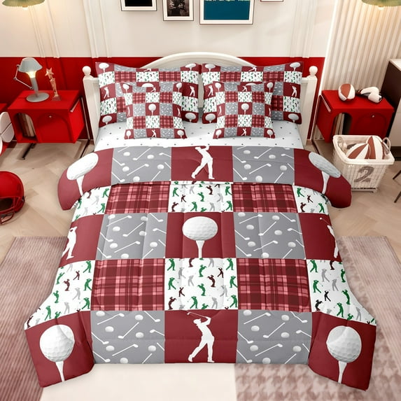 Feelyou Wst Golf Sleep Twin Bedding Sets 7-Piece for Kids, Red Grey Buffalo Bedding Comforter Set, Modenr Sport Lover Reversible Sheet Sets, Ultra Soft Bedroom Decor