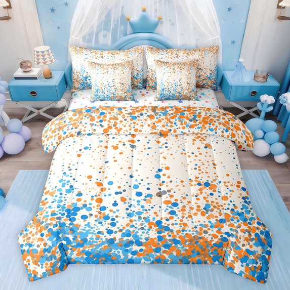Feelyou Wtseroclor Polkadots Bedding Comforter Set 7 Pieces, Blue Orange Cycle Abstract Full Bedding Set, Teens Kids Boys Girls Reversible Fitted Sheet Flat Sheet, Ultra Soft Bedroom Decor