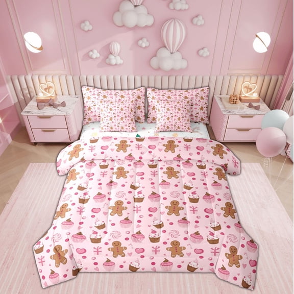 Feelyou Xmas Dessert Twin Bedding Sets 7-Piece, Cute Gingerbread Man Bedding Comforter Set, Merry Christmas Reversible Sheet Sets, Lightweight Room Decor