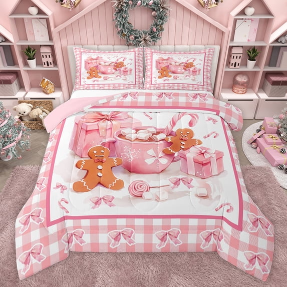 Feelyou Xmas Gingerbread Man Queen Comforter Set, Pink Buffalo Bedding Comforter Set, 3pcs