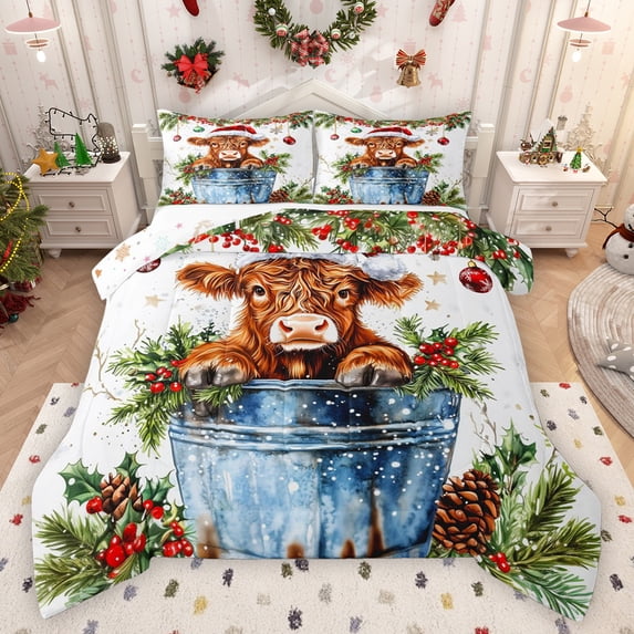 Feelyou Xmas Highland Cow Full Size Comforter Sets, Kawaii Rustic Animal Bedding Comforter Set, Winter Jungle Plant Botanical Reversible Bedding Sets, Microfiber Bedroom Decor, 3-Piece