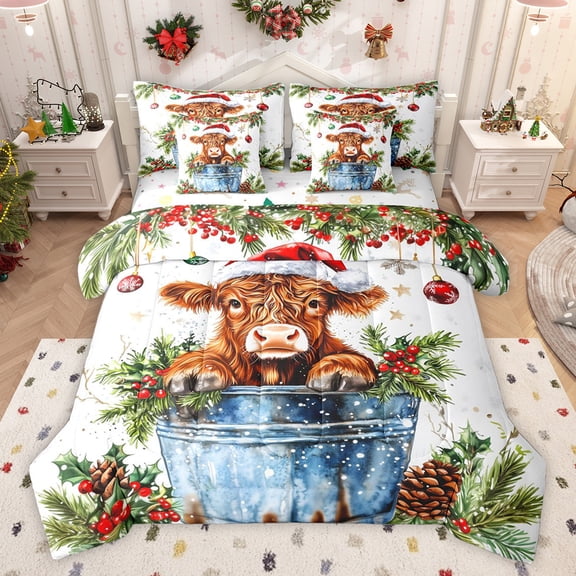 Feelyou Xmas Highland Cow Twin Bedding Sets 7-Piece, Kawaii Rustic Animal Bedding Comforter Set, Winter Jungle Plant Botanical Reversible Sheet Sets, Microfiber Bedroom Decor