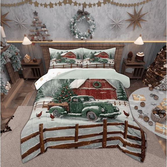 Feelyou Xmas Holiday 01, Rustic Cabin Truck Twin Comforter Sets, Winter Snowflake Reversible Bedding Set, Microfiber Bedroom Decor,2-Piece