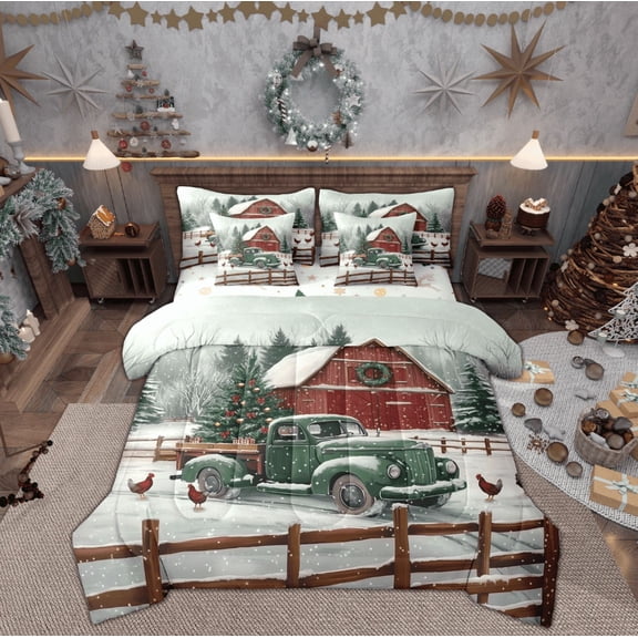 Feelyou Xmas Holiday Bedding Comforter Set 7 Pieces, Rustic Cabin Truck Full Bedding Set, Winter Snowflake Reversible Fitted Sheet Flat Sheet, Microfiber Bedroom Decor