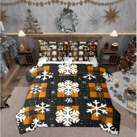 Feelyou Xmas Snowflake Bedding Comforter Set 7pcs, Orange Checkered King Bedding Sets, Happy Christmas Holiday Reversible Bed Sheets, Luxury Bedroom Decor