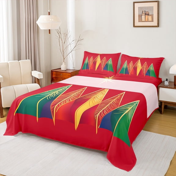 Feelyou Xmas Tree Bed Sheets for Teens, Christmas Holiday King Sheets, Red Gold Green Sheet Set, Luxury Bedroom Decor,4-Piece