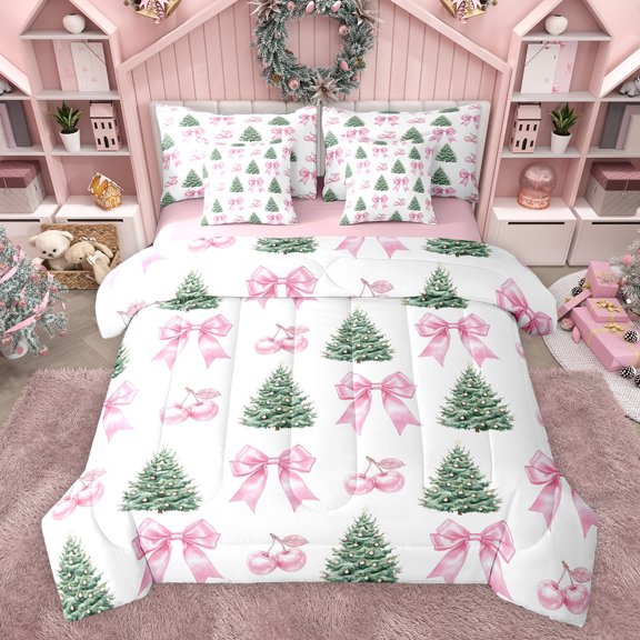 Feelyou Xmas Tree Bedding Comforter Set 7pcs, Princess Pink Bowknot Full Bedding Set