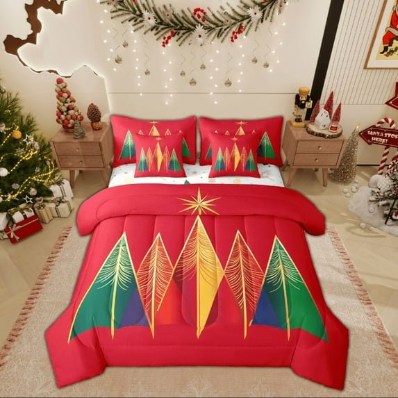 Feelyou Xmas Tree Twin Bedding Sets 7-Piece for Teens, Christmas Holiday Bedding Comforter Set, Red Gold Green Reversible Sheet Sets, Luxury Bedroom Decor