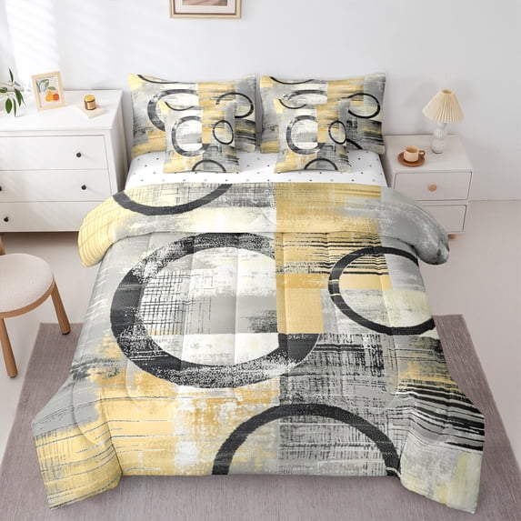Feelyou Yellow Abstract Ombre Bedding Comforter Set 7 Pieces, Square Circle Geometric Full Bedding Set, Teen Kid Child Adult Reversible Fitted Sheet Flat Sheet, Super Cozy Room Decor