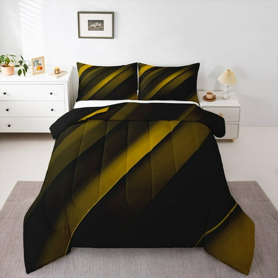 Feelyou Yellow Abstract Ombre Bedding Comforter Set for Teen, Chic Geometric Stripes Twin Comforter Sets, Square Rectangle Reversible Bedding Set, Luxury Bedroom Decor, 2pcs