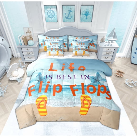 Feelyou Yellow Beach Slippers Bedding Comforter Set 7-Piece for Kids, Cartoon Flip Flops King Bedding Sets, Kawaii Ocean Starfish Bed Sheets, Luxury Bedroom Decor