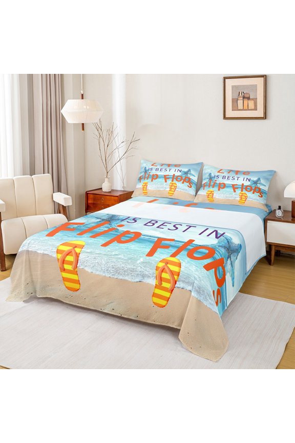 Yellow Beach Slippers Twin Sheet Sets for Kids, Cartoon Flip Flops Twin Fitted Sheet, Kawaii Ocean Starfish Flat Sheet, Luxury Bedroom Decor, 3pcs