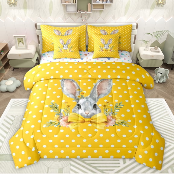 Feelyou Yellow Bowknot Bunnies Bedding Comforter Set 7pcs for Kids, Kawaii Easter Rabbit King Bedding Sets, Fashion Polkadots Reversible Bed Sheets, Microfiber Bedroom Decor