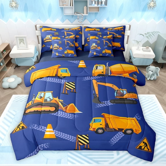 Feelyou Yellow Cartoon Truck Bedding Comforter Set 7pcs, Construction Vehicle King Bedding Sets, Teens Kids Boys Girls Reversible Bed Sheets, Super Cozy Room Decor