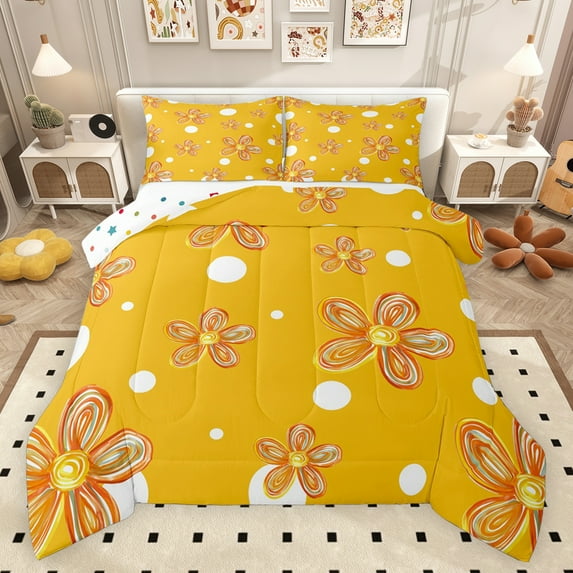 Feelyou Yellow Cherry Blossoms Bedding Comforter Set, Cartoon Polkadots Cycle Twin Comforter Sets, Watercolor Flower Floral Reversible Bedding Set, Super Cozy Room Decor, 2-Piece