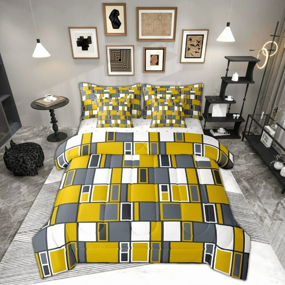 Feelyou Yellow Geometric Bedding Comforter Set 7pcs for Adult, Abstract Ombre Queen Bedding Sets, Fashion Rectangle Reversible Queen Sheet Sets, Microfiber Bedroom Decor