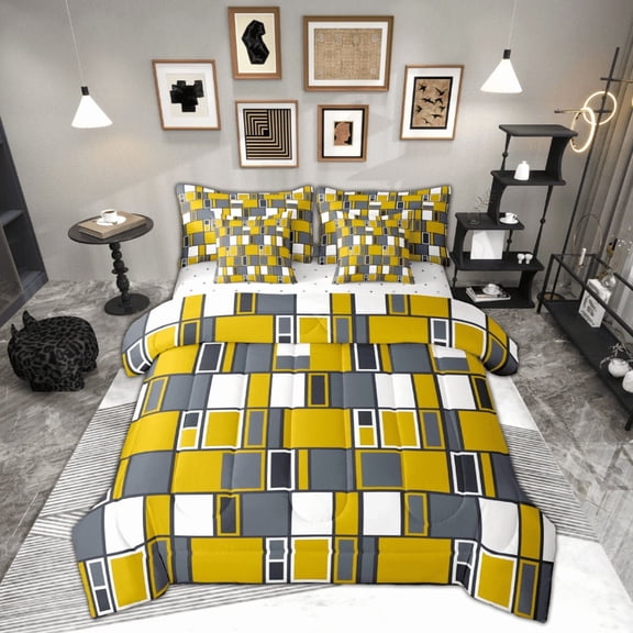Feelyou Yellow Geometric Twin Bedding Sets 7-Piece for Adult, Abstract Ombre Bedding Comforter Set, Fashion Rectangle Reversible Sheet Sets, Microfiber Bedroom Decor