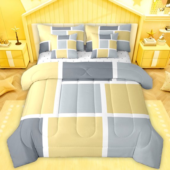 Feelyou Yellow Grey Checkered Bedding Comforter Set 7pcs, Square Abstract King Bedding Sets, Modern Fashion Buffalo Reversible Bed Sheets, Ultra Soft Bedroom Decor