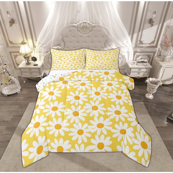 Feelyou Yellow Groovy Flower Queen Comforter Set for Girls, Rustic Daisy Floral Bedding Sets, Vibrant Plant Reversible Bedding Comforter Set, Luxury Bedroom Decor, 3pcs
