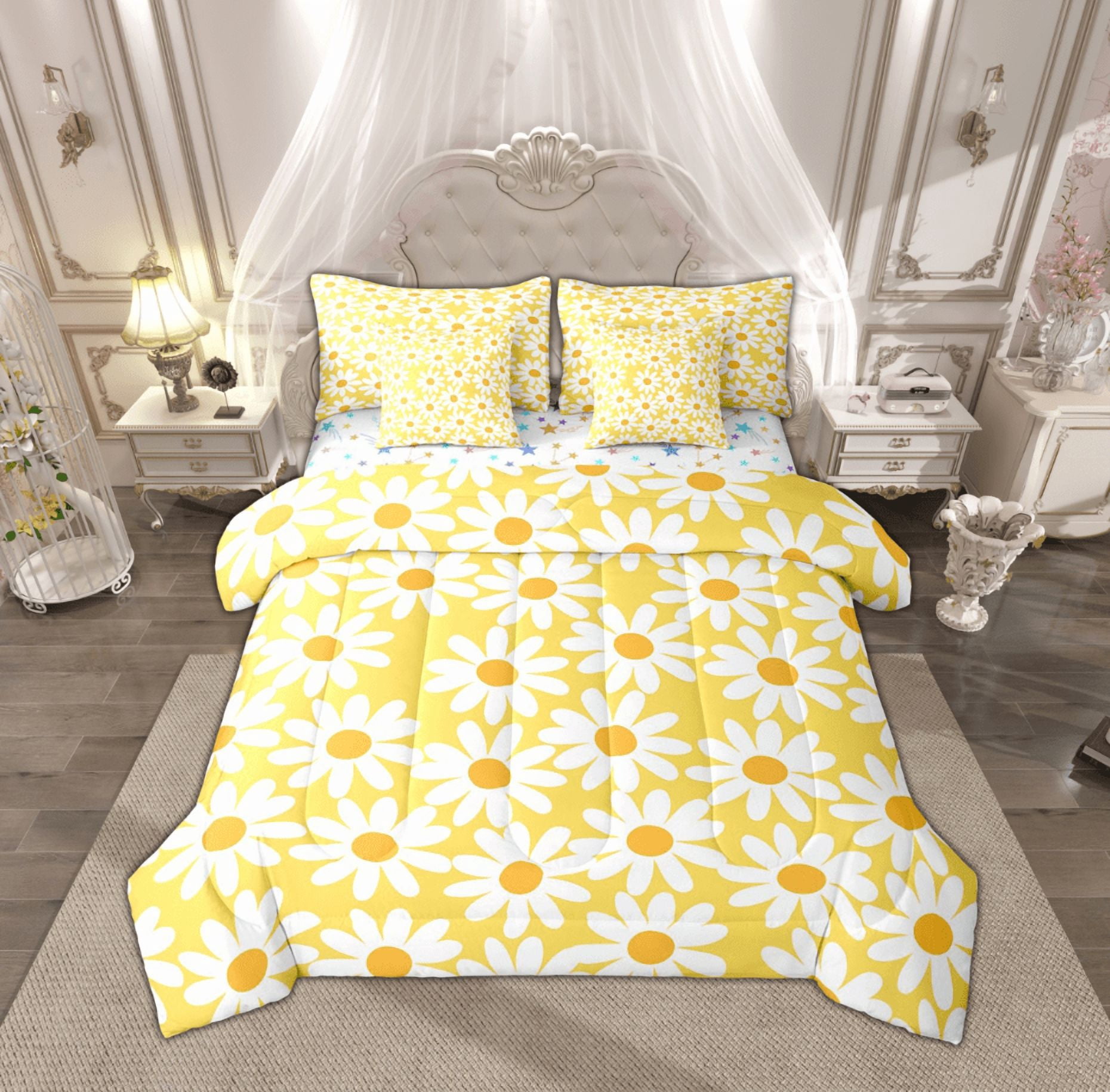 Reversible Sheets Feelyou Yellow Groovy Flower Twin Bedding Sets 7-Piece for Girls ...