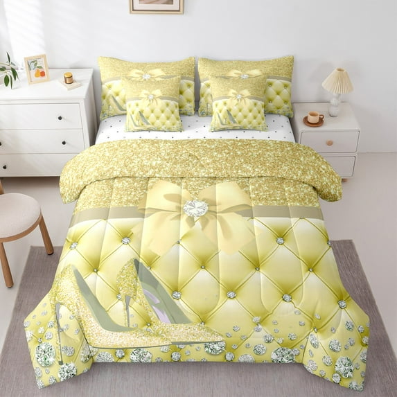 Feelyou Yellow High Heel Bedding Comforter Set 7pcs for Girls, Princess Sequin Print Queen Bedding Sets, Chic Glitter Diamond Queen Sheet Sets, Super Cozy Room Decor