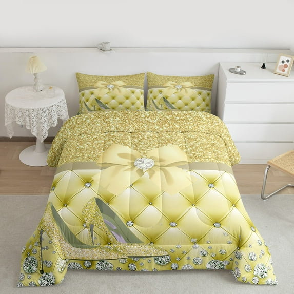 Feelyou Yellow High Heel Queen Comforter Set for Girls, Princess Sequin Print Bedding Sets, Chic Glitter Diamond Bedding Comforter Set, Super Cozy Room Decor, 3 Pieces