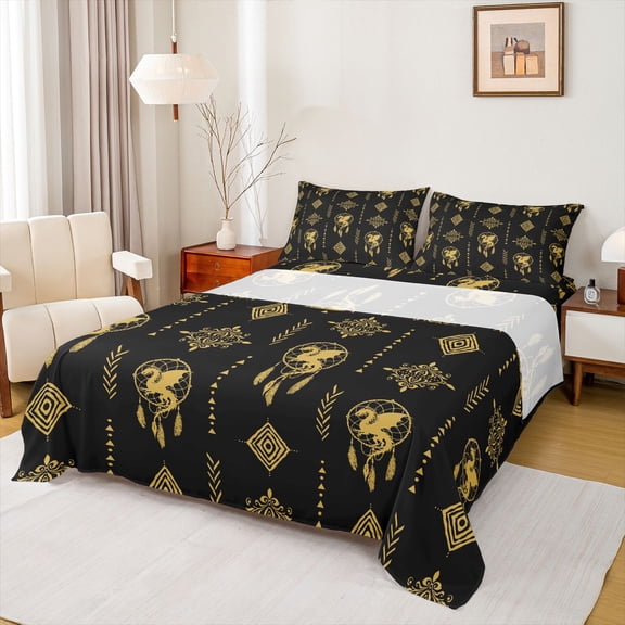 Feelyou Yellow Mandala Damask Twin Sheet Sets, Dream Catcher Dragon Bedding, 3pcs