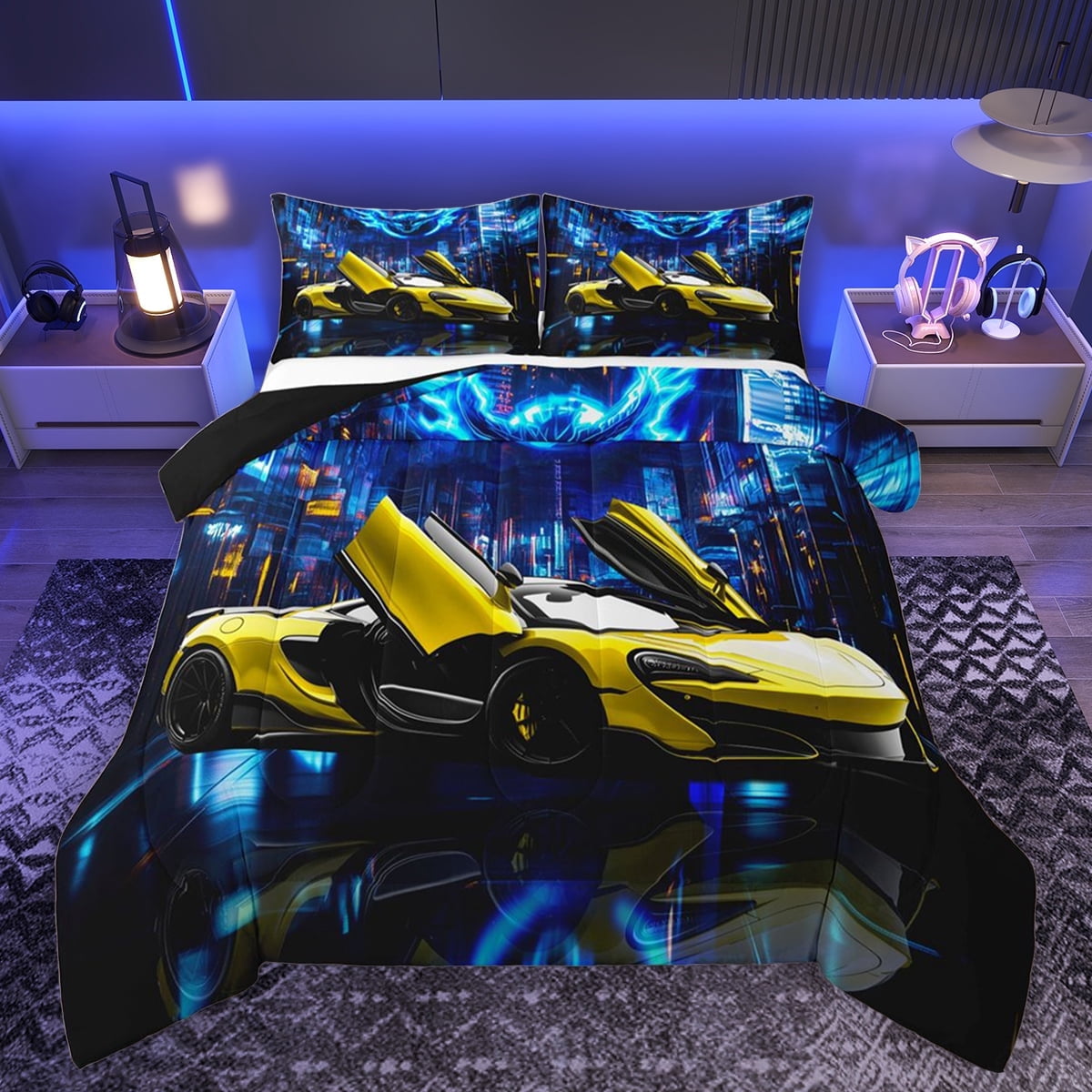 Feelyou Yellow Race Car Bedding Comforter Set, Futuristic City Landscape Twin Comforter Sets, Teens Kids Boys Girls Reversible Bedding Set, Super Cozy Room Decor, 2 Pieces