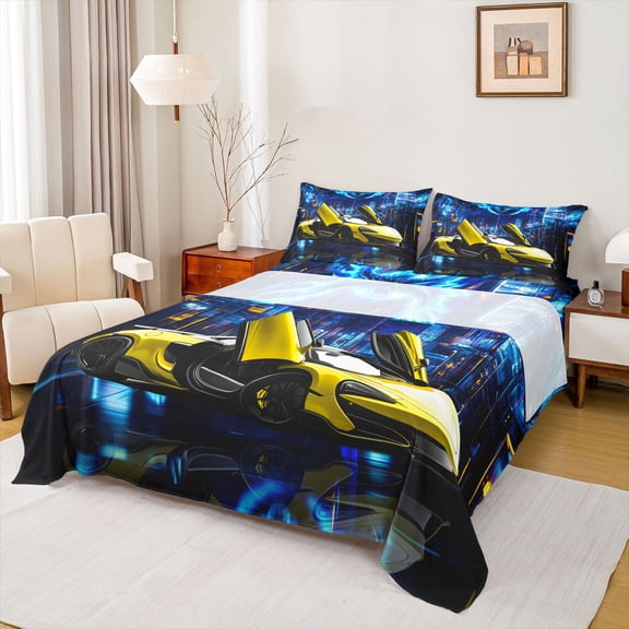 Feelyou Yellow Race Car Twin Sheet Sets, Futuristic City Landscape Twin Fitted Sheet, Teens Kids Boys Girls Flat Sheet, Super Cozy Room Decor, 3 Pieces
