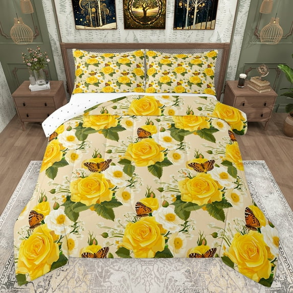 Feelyou Yellow Rose Flower Bedding Comforter Set, Cartoon Butterfly Animal Twin Comforter Sets, Romantic Valentines Day Reversible Bedding Set, Super Cozy Room Decor, 2-Piece