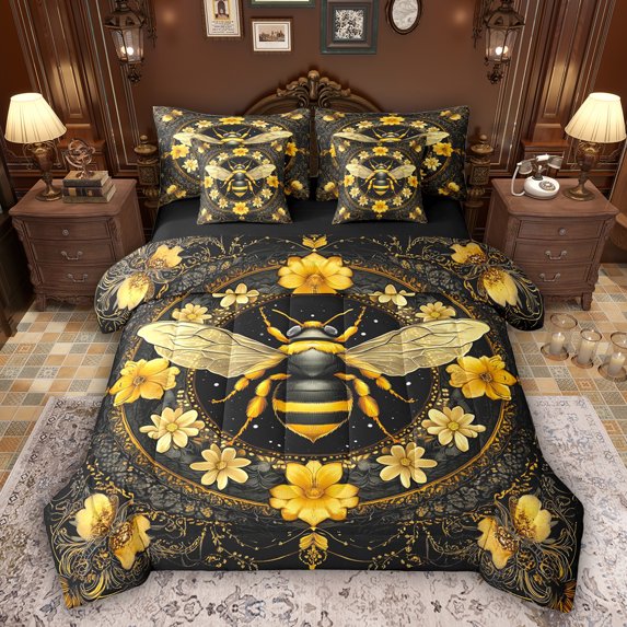 Feelyou Yellow Rustic Bee Twin Bedding Sets 7pcs, Boho Floral Bedding Comforter Set