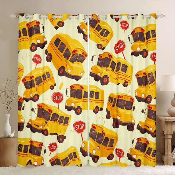 Feelyou Yellow School Bus Black Out Curtains for Kids, Cartoon Car Truck Curtains Pack of 2 (42x63 Each), Kawaii Vehicle Bedroom Curtains, Window Curtains Decor