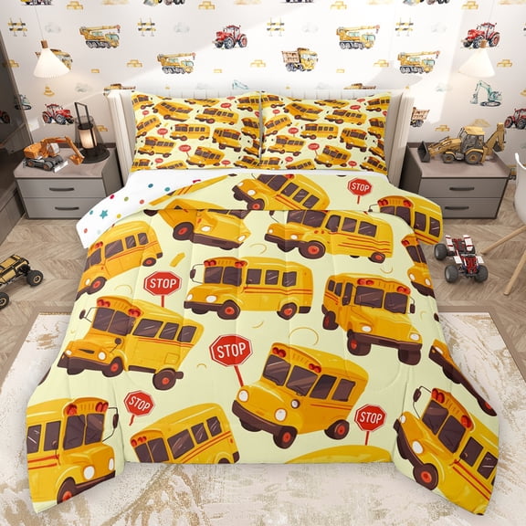 Feelyou Yellow School Bus Queen Comforter Set for Kids, Cartoon Car Truck Bedding Sets, Kawaii Vehicle Reversible Bedding Comforter Set, Lightweight Room Decor, 3pcs