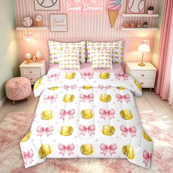 Feelyou Yellow Softball Bow Twin Bedding for Girls, Kawaii Princess Ribbon Bedding Comforter Set, Pink Reversible, 7-Piece