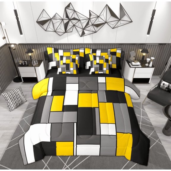 Feelyou Yellow Square Geometric Bedding Comforter Set 7-Piece, Vintage Artwork Abstract King Bedding Sets, Chic Rectangle Reversible Bed Sheets, Microfiber Bedroom Decor