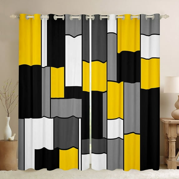 Feelyou Yellow Square Geometric Curtains Pack of 2 (42x84 Each), Vintage Artwork Abstract Curtains Blackout, Chic Rectangle Bedroom Curtains, Blackout Curtains Bedroom Decor