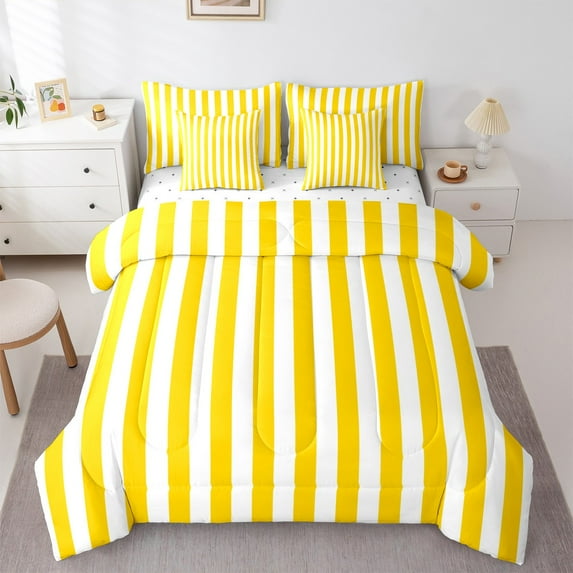 Feelyou Yellow Striped Twin Bedding Sets 7-Piece for Kids, Abstract Ombre Bedding Comforter Set, Modern Fashion Reversible Sheet Sets, Ultra Soft Home Decor